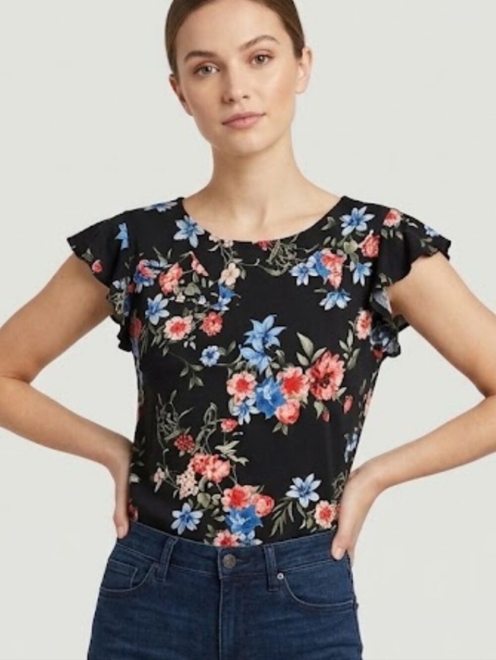 Black Floral Sleeveless Blouse by Doe & Rae Sz Small EUC Business or Casual